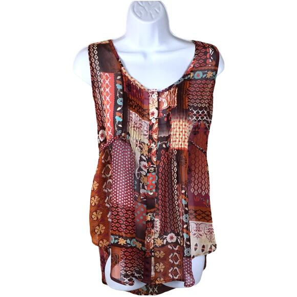 American Rag Tank Top Patchwork Button Front Bohemian Shirt Womens S Mixed Print - Picture 1 of 9
